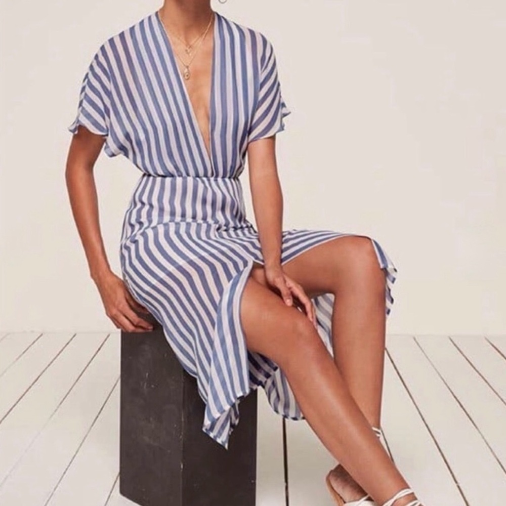 Reformation Blue and White Striped V-Neck Midi Dress - Picture 2 of 6